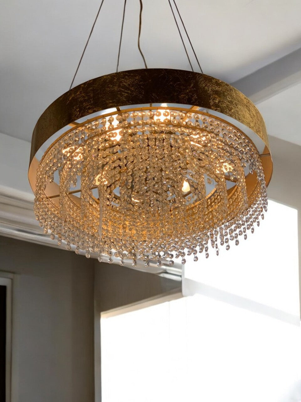 Lustre Suspendu Rond en Cristal Doré