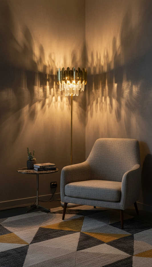 Lampadaire en Cristal Doré Avec Pied en Marbre